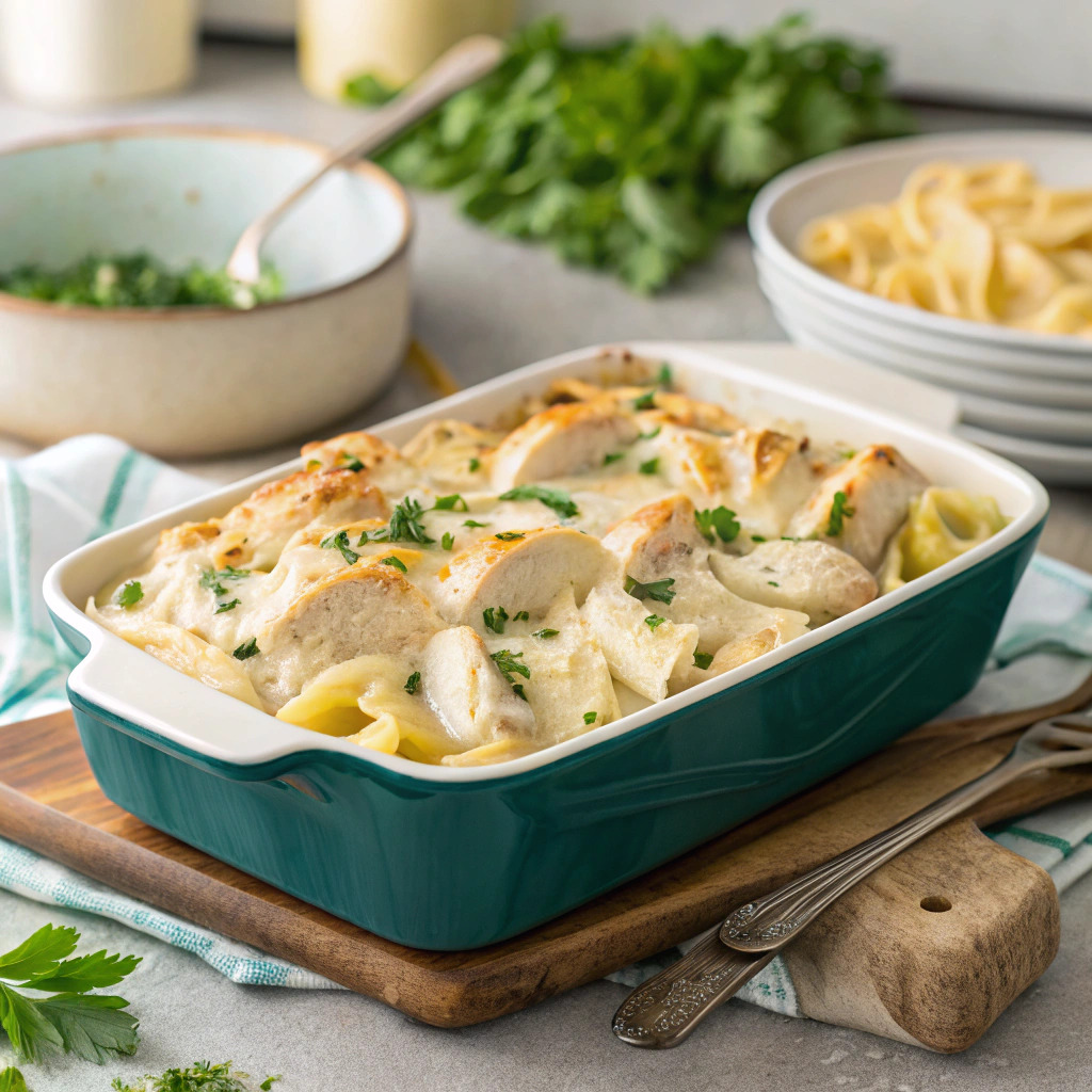 chicken alfredo bake recipe – creamy casserole perfection image 1